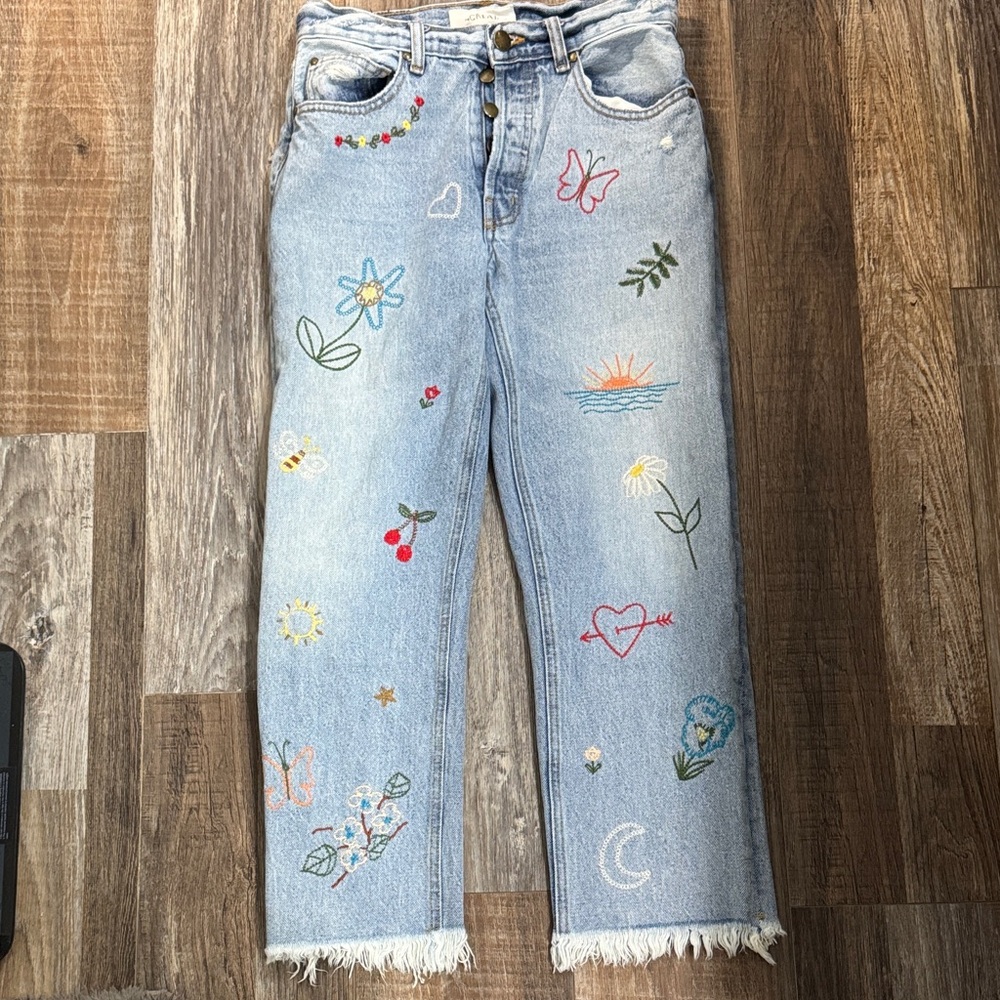 The Great. The Wayne Embroidered Floral High Waisted Denim Jeans Blue, Sz 24